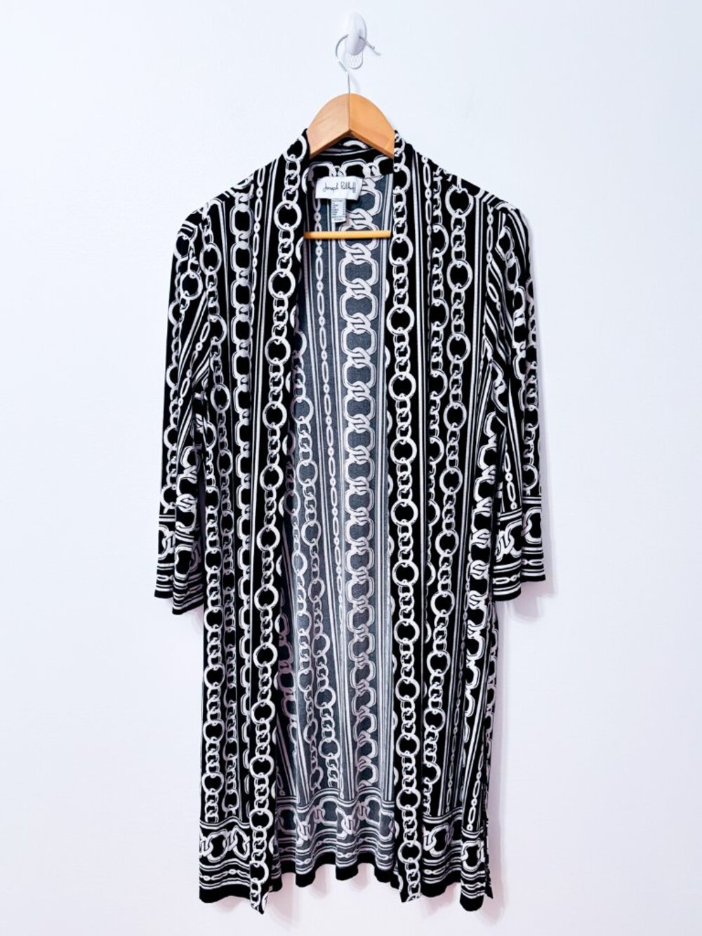 JOSEPH RIBKOFF Black White Chain Print Open Front Longline Cardigan Size 12